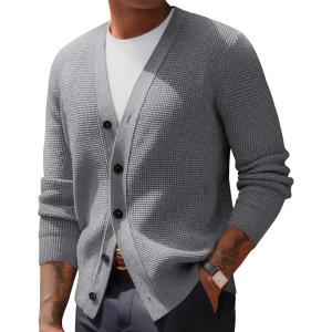 PJ PAUL JONES Mens Waffle Textured Cardigan Sweater Long Sleeve V-Neck Knitted Sweaters(Grey)
