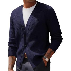 PJ PAUL JONES Mens Waffle Textured Cardigan Sweater Long Sleeve V-Neck Knitted Sweaters(Navy Blue)
