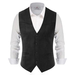 PJ PAUL JONES Men’s Western Cowboy Suit Vest Slim Fit Faux Suede Leather Dress Vests Waistcoat for Wedding(Black)