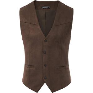 PJ PAUL JONES Men’s Western Cowboy Suit Vest Slim Fit Faux Suede Leather Dress Vests Waistcoat for Wedding(Coffee)