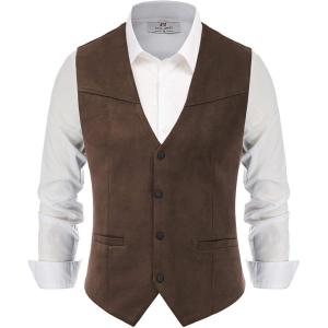 PJ PAUL JONES Men’s Western Cowboy Suit Vest Slim Fit Faux Suede Leather Dress Vests Waistcoat for Wedding(Dark Coffee)