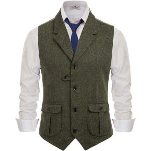 PJ PAUL JONES Mens Western Herringbone Suit Vest Tweed Wool Blend Slim Fit Waistcoat(B-army Green)