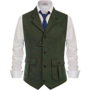 PJ PAUL JONES Mens Western Herringbone Suit Vest Tweed Wool Blend Slim Fit Waistcoat(B-army Green Plaid)