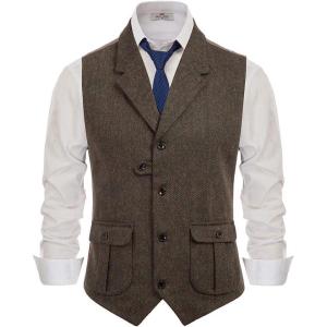 PJ PAUL JONES Mens Western Herringbone Suit Vest Tweed Wool Blend Slim Fit Waistcoat(B-brown)