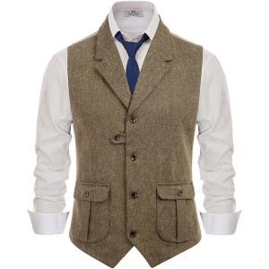 PJ PAUL JONES Mens Western Herringbone Suit Vest Tweed Wool Blend Slim Fit Waistcoat(B-coffee)