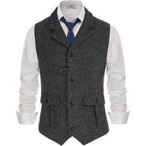 PJ PAUL JONES Mens Western Herringbone Suit Vest Tweed Wool Blend Slim Fit Waistcoat(B-upgrade-charcoal)