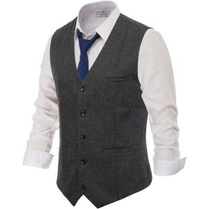 PJ PAUL JONES Men’s Western Herringbone Tweed Suit Vest Wool Blend V Neck Slim Fit Waistcoat(Black Gray)
