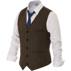 PJ PAUL JONES Men’s Western Herringbone Tweed Suit Vest Wool Blend V Neck Slim Fit Waistcoat(Brown)