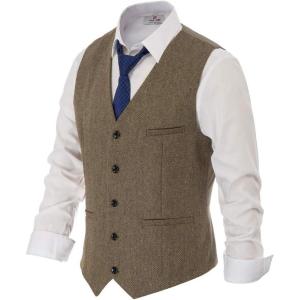 PJ PAUL JONES Men’s Western Herringbone Tweed Suit Vest Wool Blend V Neck Slim Fit Waistcoat(Coffee)