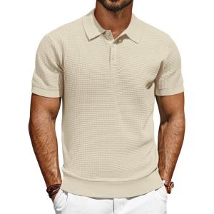 PJ PAUL JONES Polo Shirts for Men Short Sleeve Knit Waffle Texture Casual Dress Polo Golf Shirt(Apricot)