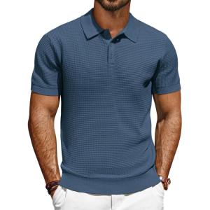 PJ PAUL JONES Polo Shirts for Men Short Sleeve Knit Waffle Texture Casual Dress Polo Golf Shirt(Dark Blue)