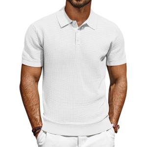 PJ PAUL JONES Polo Shirts for Men Short Sleeve Knit Waffle Texture Casual Dress Polo Golf Shirt(Ivory)