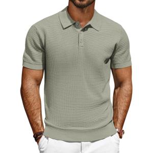 PJ PAUL JONES Polo Shirts for Men Short Sleeve Knit Waffle Texture Casual Dress Polo Golf Shirt(Khaki Green)
