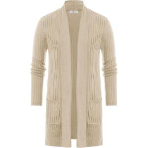 PJ PUAL JONES Men’s Shawl Collar Open Front Long Cardigan Ribbed Knit Sweater with Pockets(Beige)