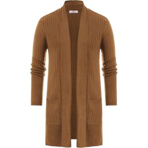 PJ PUAL JONES Men’s Shawl Collar Open Front Long Cardigan Ribbed Knit Sweater with Pockets(Brown)