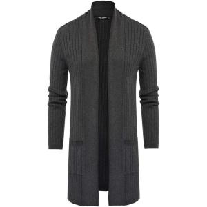PJ PUAL JONES Men’s Shawl Collar Open Front Long Cardigan Ribbed Knit Sweater with Pockets(Dark Gray)