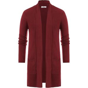 PJ PUAL JONES Men’s Shawl Collar Open Front Long Cardigan Ribbed Knit Sweater with Pockets(Deep Re)