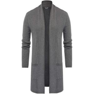 PJ PUAL JONES Men’s Shawl Collar Open Front Long Cardigan Ribbed Knit Sweater with Pockets(Gray)
