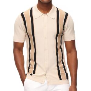 PJ Paul Jones Mens Polo Shirts Vintage Striped Lightweight Knitting Golf Shirts(Beige)