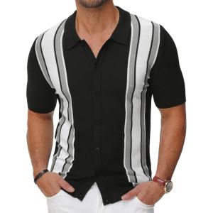 PJ Paul Jones Mens Polo Shirts Vintage Striped Lightweight Knitting Golf Shirts(Black)