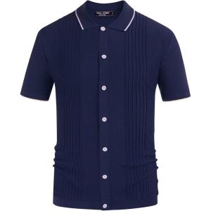 PJ Paul Jones Mens Polo Shirts Vintage Striped Lightweight Knitting Golf Shirts(Texture-royal Blue)