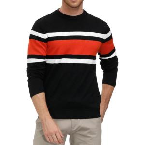 PJ Paul Jones Mens Striped Pullover Sweater Crewneck Contrast Fine Knitted Sweaters(Black-red-white)