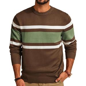 PJ Paul Jones Mens Striped Pullover Sweater Crewneck Contrast Fine Knitted Sweaters(Coffee)