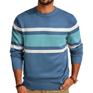 PJ Paul Jones Mens Striped Pullover Sweater Crewneck Contrast Fine Knitted Sweaters(Denim Blue)