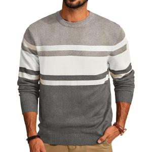 PJ Paul Jones Mens Striped Pullover Sweater Crewneck Contrast Fine Knitted Sweaters(Gray-white)
