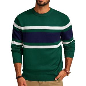 PJ Paul Jones Mens Striped Pullover Sweater Crewneck Contrast Fine Knitted Sweaters(Green)