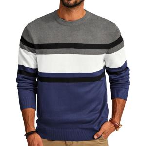 PJ Paul Jones Mens Striped Pullover Sweater Crewneck Contrast Fine Knitted Sweaters(Navy-white-black)