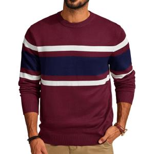 PJ Paul Jones Mens Striped Pullover Sweater Crewneck Contrast Fine Knitted Sweaters(Wine Red)