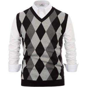 Paul Jones Men’s Argyle Sweater Vest Knitted Casual V-Neck Pullover Vest(Black)