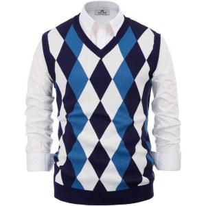 Paul Jones Men’s Argyle Sweater Vest Knitted Casual V-Neck Pullover Vest(Blue)