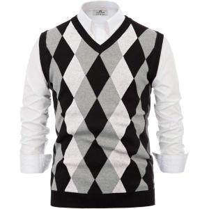 Paul Jones Men’s Argyle Sweater Vest Knitted Casual V-Neck Pullover Vest(White)