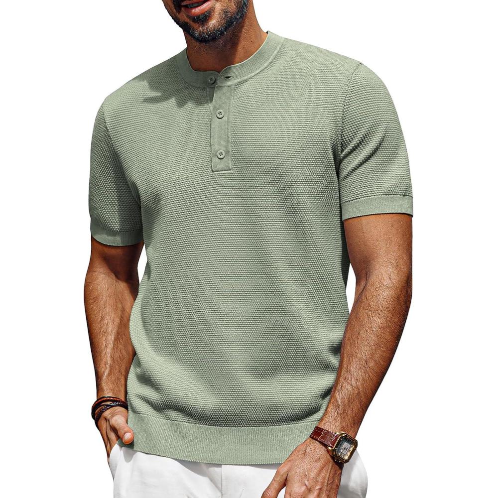 imagePJ PAUL JONES Mens Tees Short Sleeve Crewneck Henley Shirts Knitted Textured Shirt Solid TShirts Summer TopPea Green