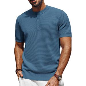 PJ PAUL JONES Mens Tees Short Sleeve Crewneck Henley Shirts Knitted Textured Shirt Solid T-Shirts Summer Top(Indigo Blue)
