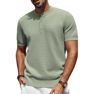 PJ PAUL JONES Mens Tees Short Sleeve Crewneck Henley Shirts Knitted Textured Shirt Solid T-Shirts Summer Top(Pea Green)