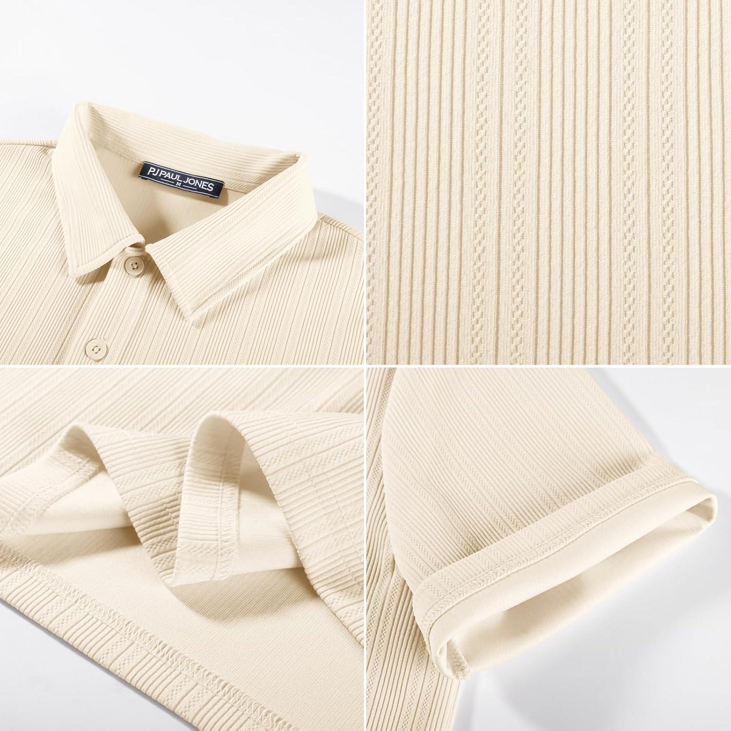imagePJ PAUL JONES Men Polo Shirts Short Sleeve Textured Knit Polo Collared Golf Polo ShirtBeige