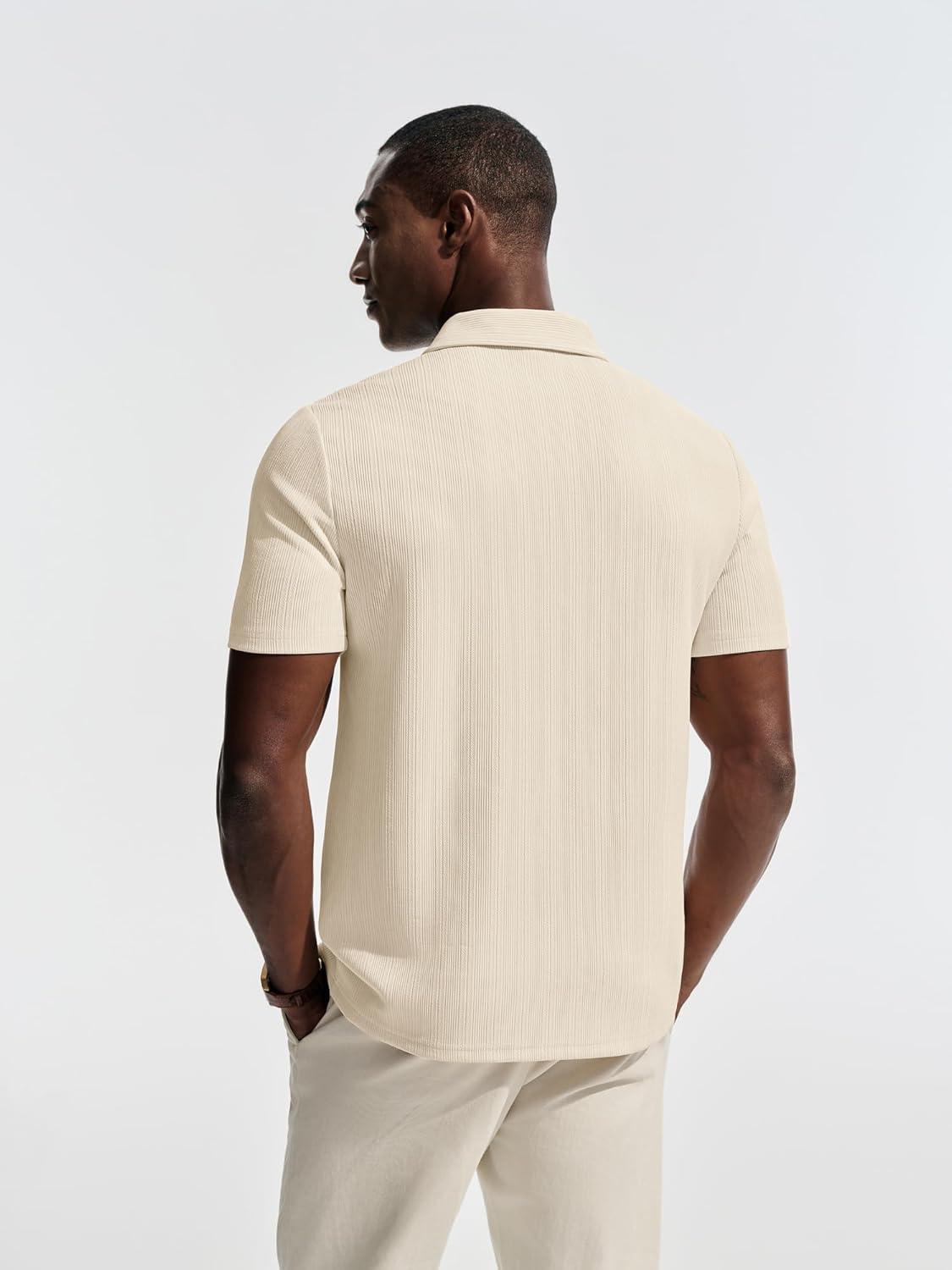 imagePJ PAUL JONES Men Polo Shirts Short Sleeve Textured Knit Polo Collared Golf Polo ShirtBeige