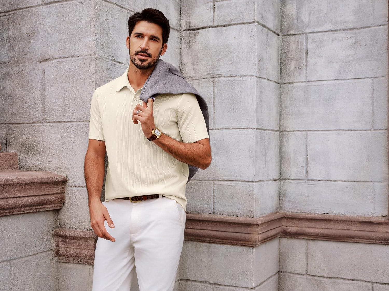 imagePJ PAUL JONES Men Polo Shirts Short Sleeve Textured Knit Polo Collared Golf Polo ShirtBeige