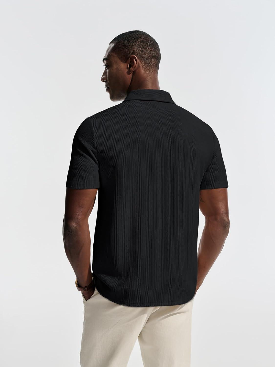 imagePJ PAUL JONES Men Polo Shirts Short Sleeve Textured Knit Polo Collared Golf Polo ShirtBlack