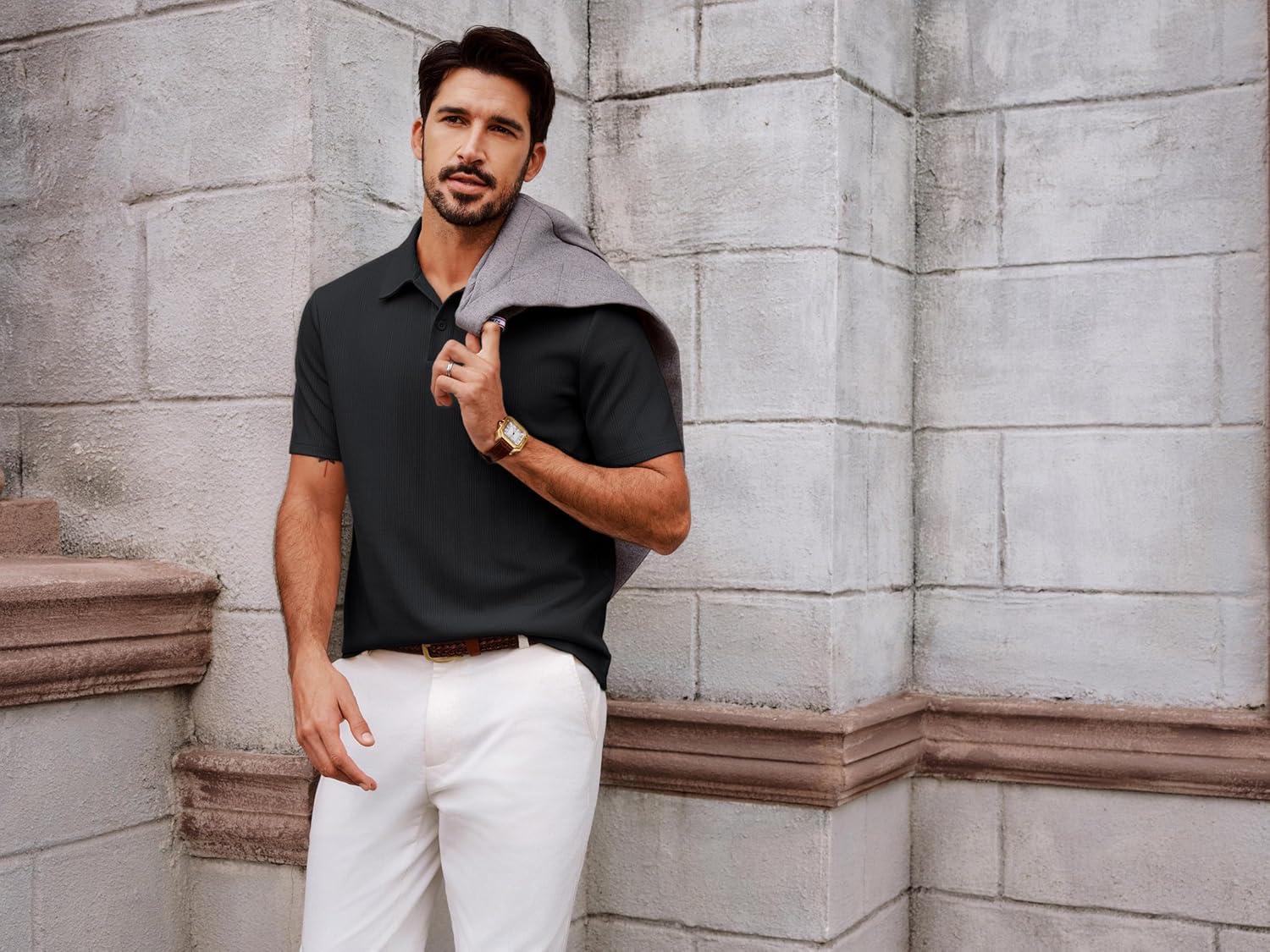 imagePJ PAUL JONES Men Polo Shirts Short Sleeve Textured Knit Polo Collared Golf Polo ShirtBlack