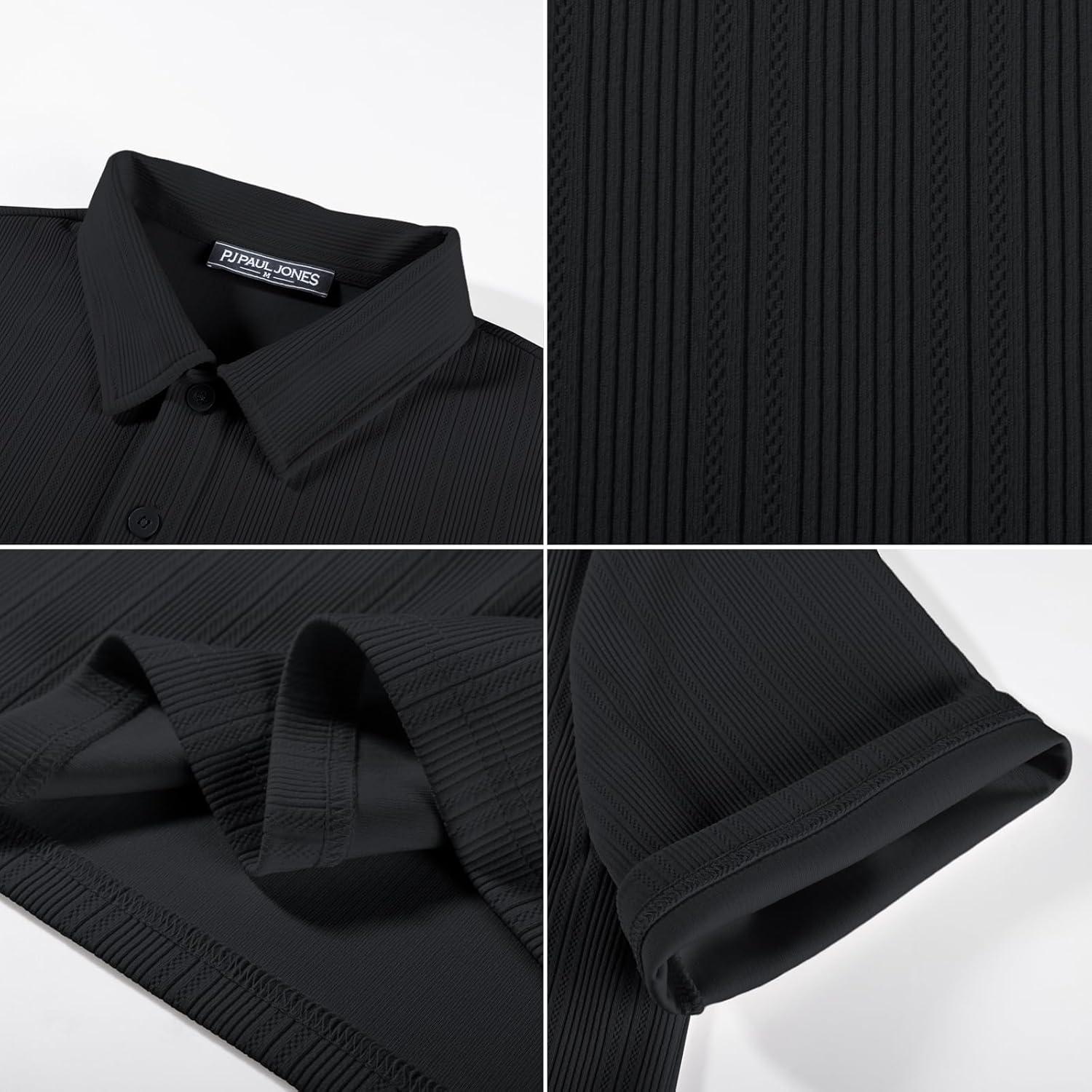 imagePJ PAUL JONES Men Polo Shirts Short Sleeve Textured Knit Polo Collared Golf Polo ShirtBlack