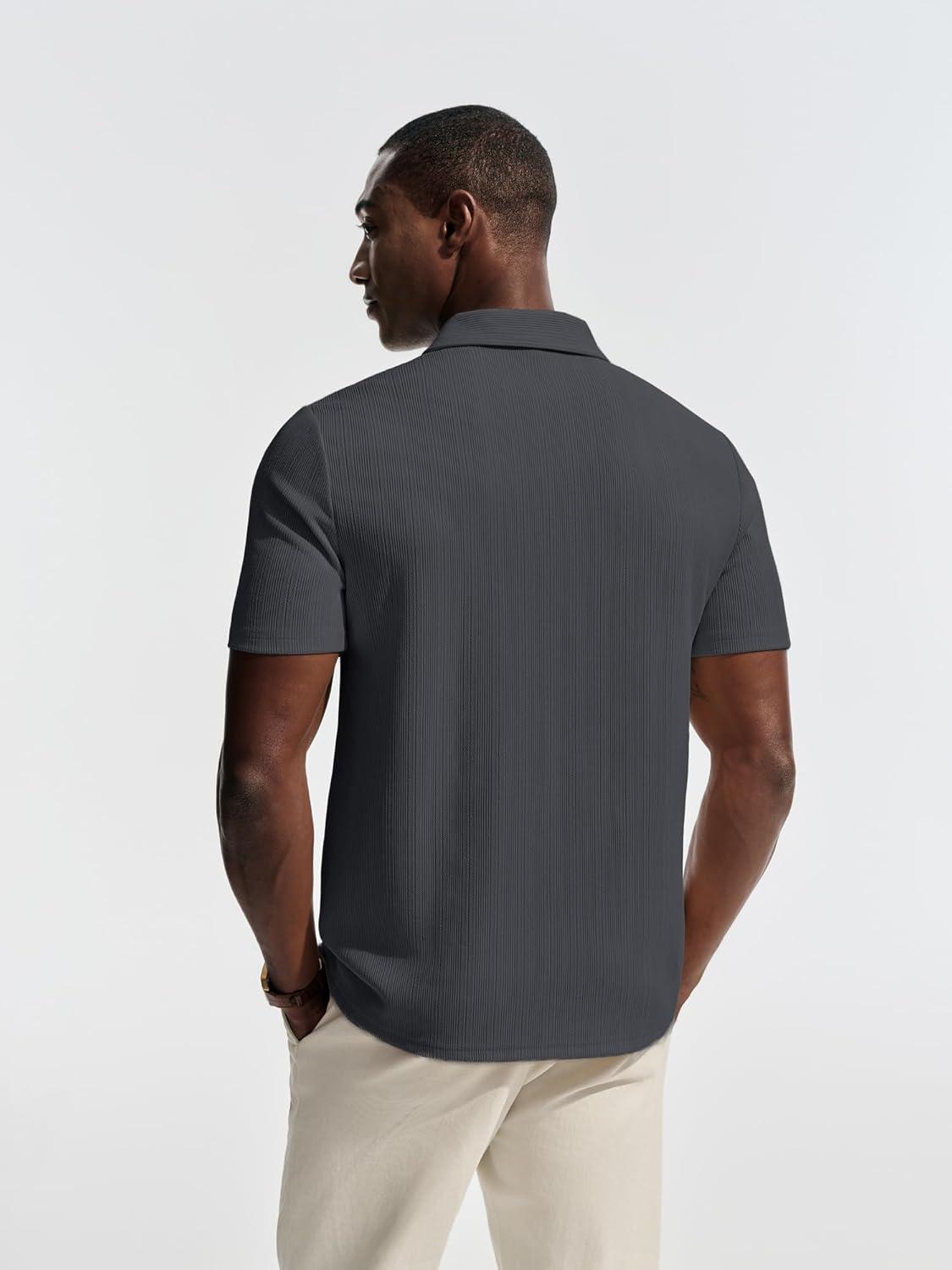 imagePJ PAUL JONES Men Polo Shirts Short Sleeve Textured Knit Polo Collared Golf Polo ShirtDark Grey