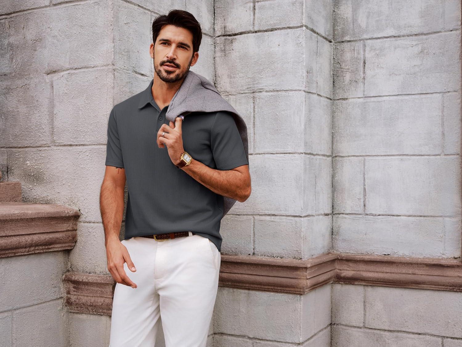 imagePJ PAUL JONES Men Polo Shirts Short Sleeve Textured Knit Polo Collared Golf Polo ShirtDark Grey