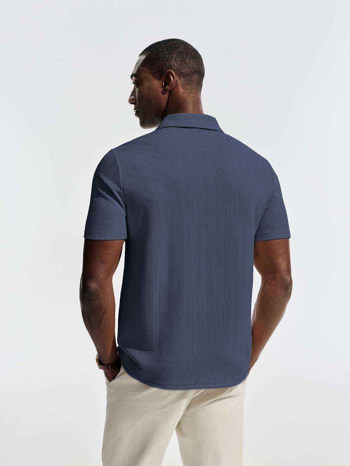 imagePJ PAUL JONES Men Polo Shirts Short Sleeve Textured Knit Polo Collared Golf Polo ShirtNavy Blue