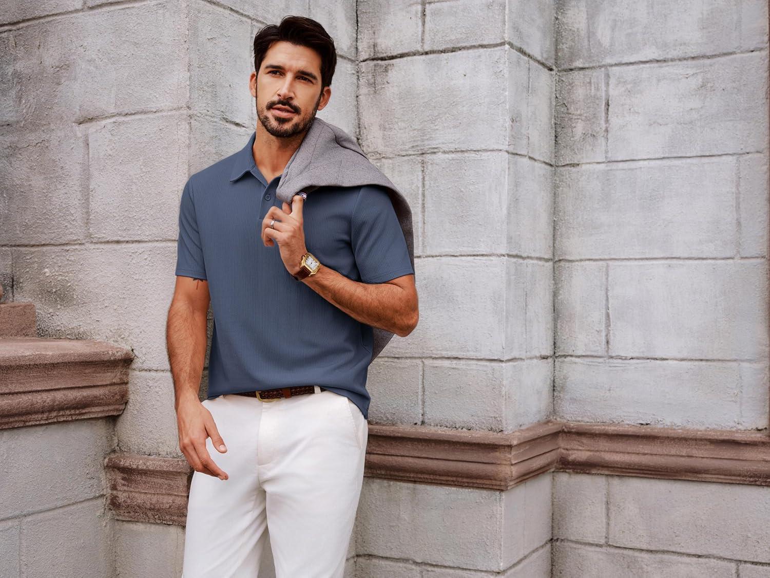 imagePJ PAUL JONES Men Polo Shirts Short Sleeve Textured Knit Polo Collared Golf Polo ShirtNavy Blue