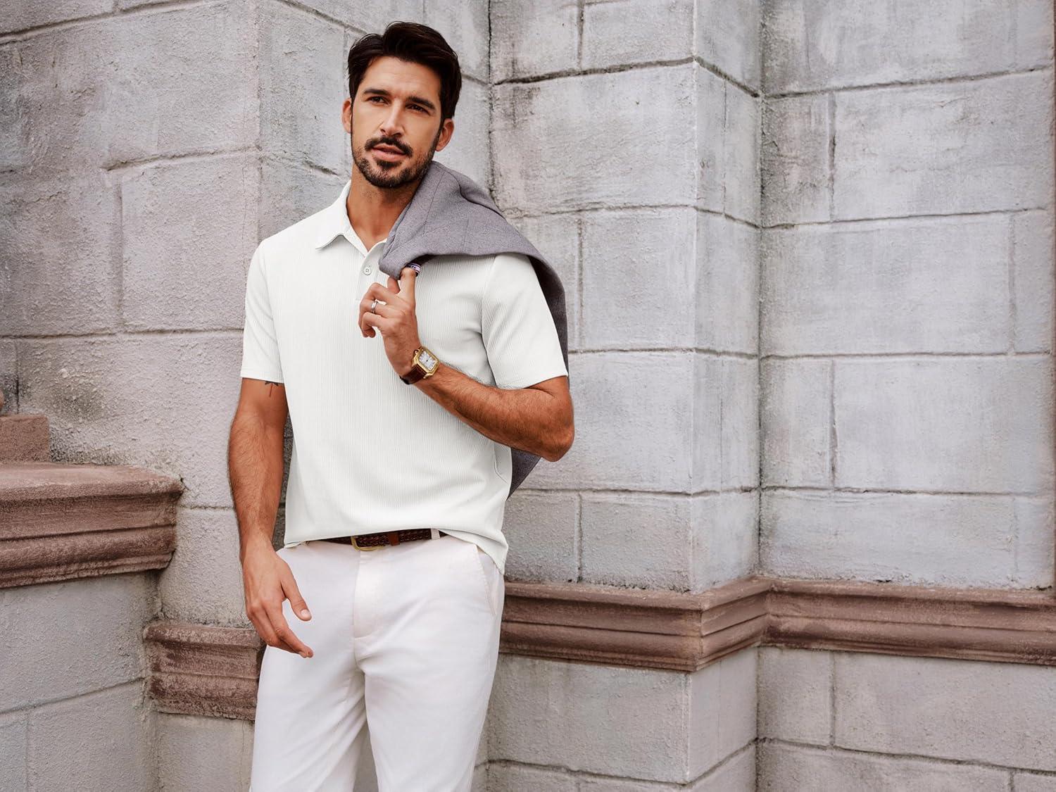 imagePJ PAUL JONES Men Polo Shirts Short Sleeve Textured Knit Polo Collared Golf Polo ShirtWhite