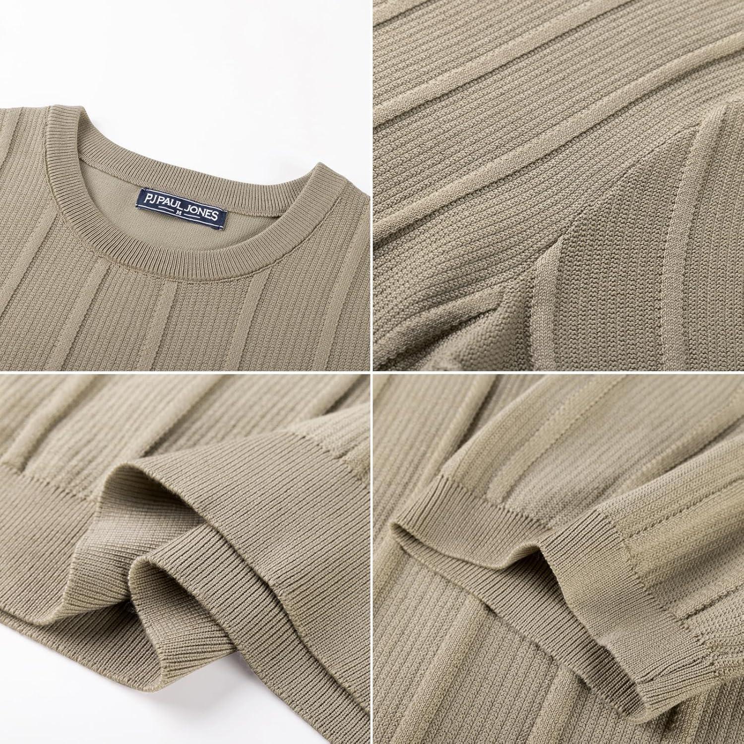 imagePJ PAUL JONES Men TShirts Crewneck Tee Shirt Ribbed Knit Tee Short Sleeve Texture T ShirtLight Khaki